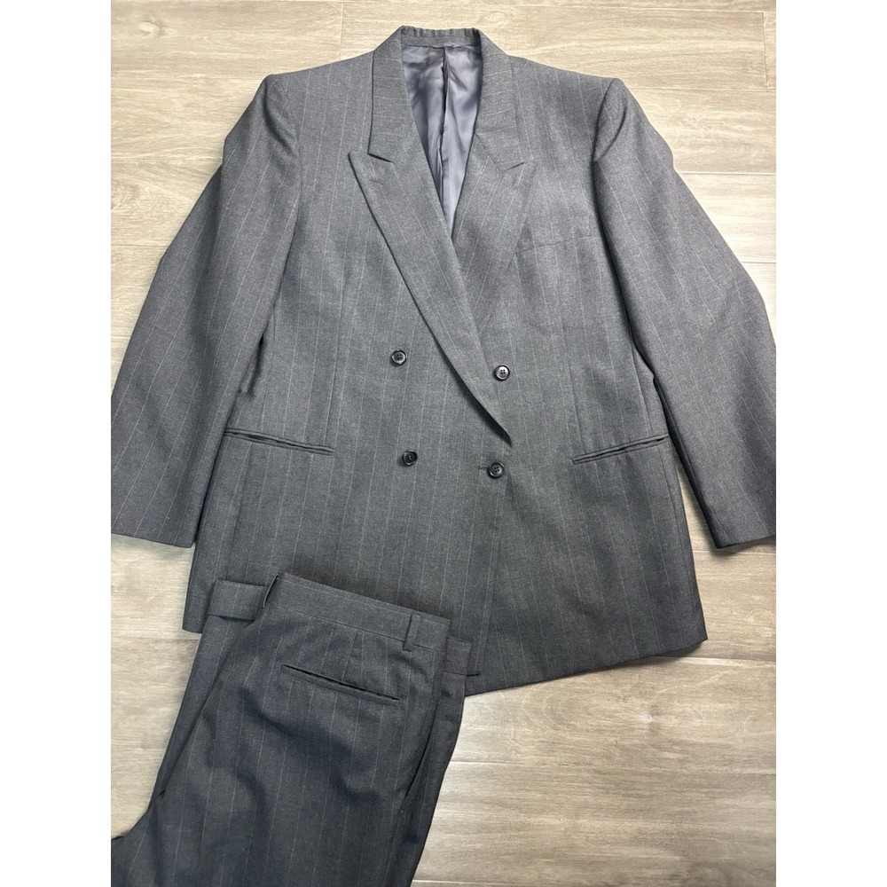 Vintage Barneys New York Double Breasted Gray Striped Suit 46R 36x28 Wool